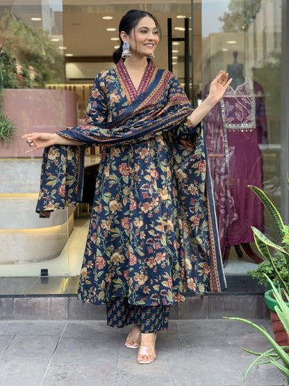 Lookmark WomenS Cotton Blend Floral Printed Kurta Plazzo Set With Dupatta Suitable For Every Indian Occasion (Az-Lm-Og-Ks2171 N
