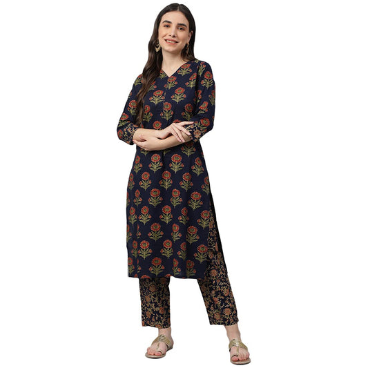 idaLia Navy Blue Gold Printed Cotton Kurta Set