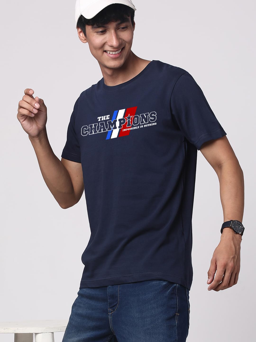 ADRO Men's Graphic Printed 100% Cotton T-Shirt - Regular Fit, Printed T-Shirts for Men (RN24-CMP-NB_Navy)