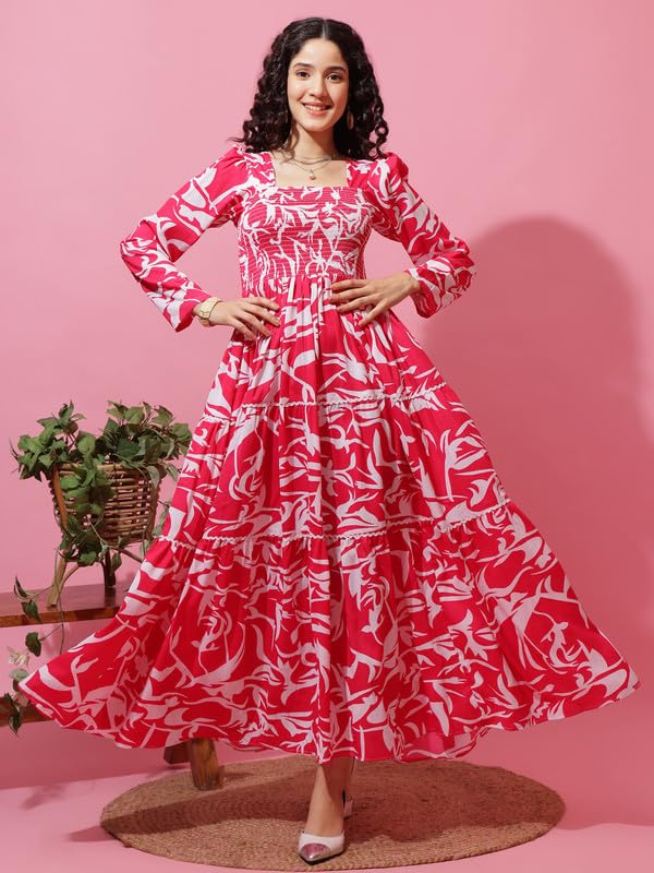Sheetal Associates WomenS Pink & White Floral Printed Smocked Fit And Flare Maxi Dress| Comfortable Relaxed Fit Summer Dress