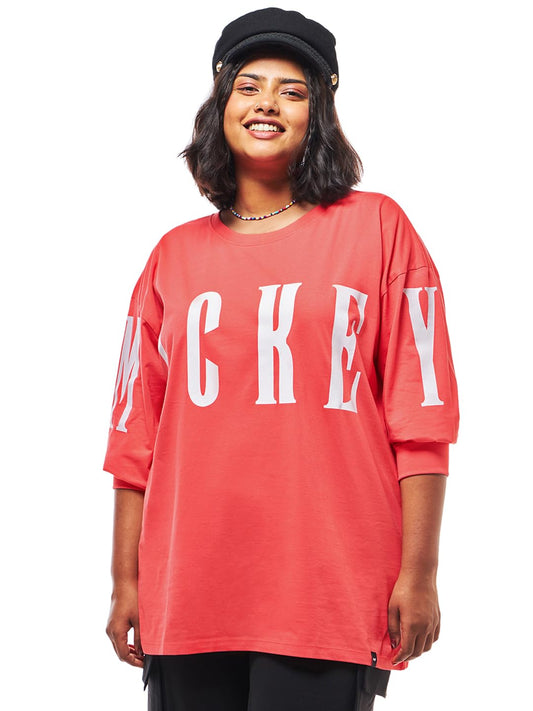 Bewakoof Official Disney Merchandise Mickey Mouse Womens Graphic Printed Oversized Fit Full Sleeve Round Neck Cotton Jersey Plu