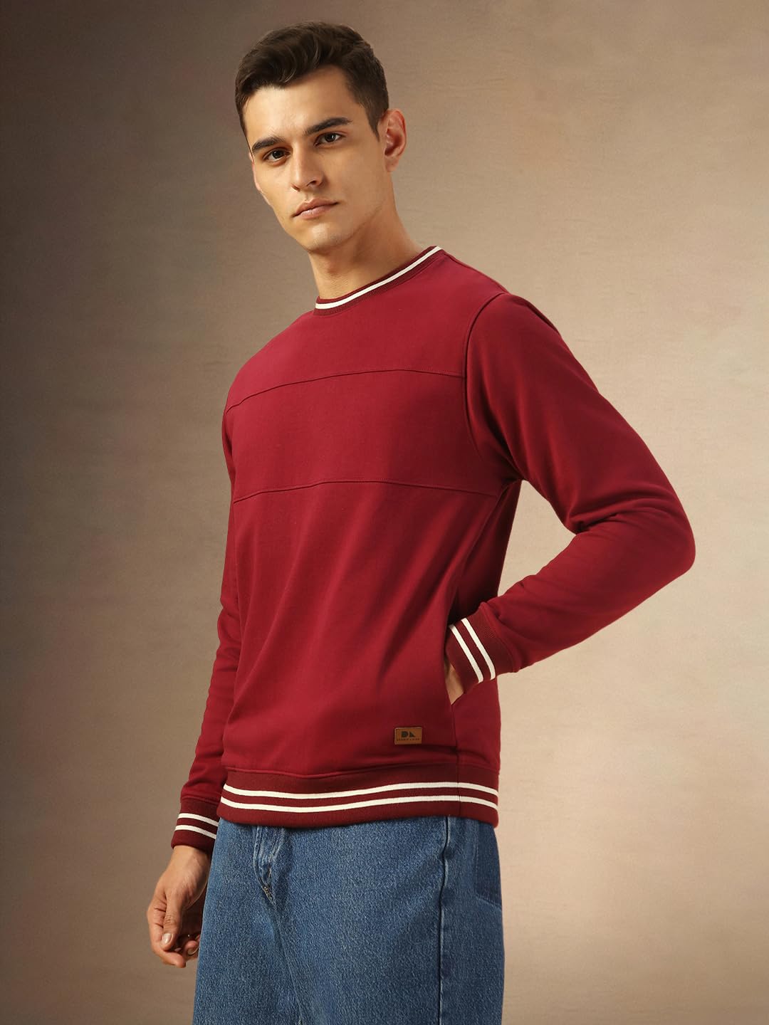 Dennis Lingo Men Regular Fit Cotton Solid Full Sleeves Crew Neck Pullover Sweatshirt Maroon