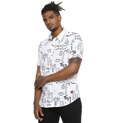 Campus Sutra Mens White Doodle Printed Button Up Shirt Regular Fit for Casual Wear | Stylish Modern Clothing Shirt Crafted with