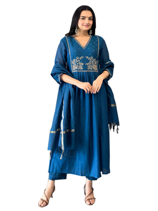 GoSriKi Womens Viscose Blend Gown Embroidered Kurta with Pant and Dupatta (Madhulekha Blue-GS_XXL_Blue_XX-Large)