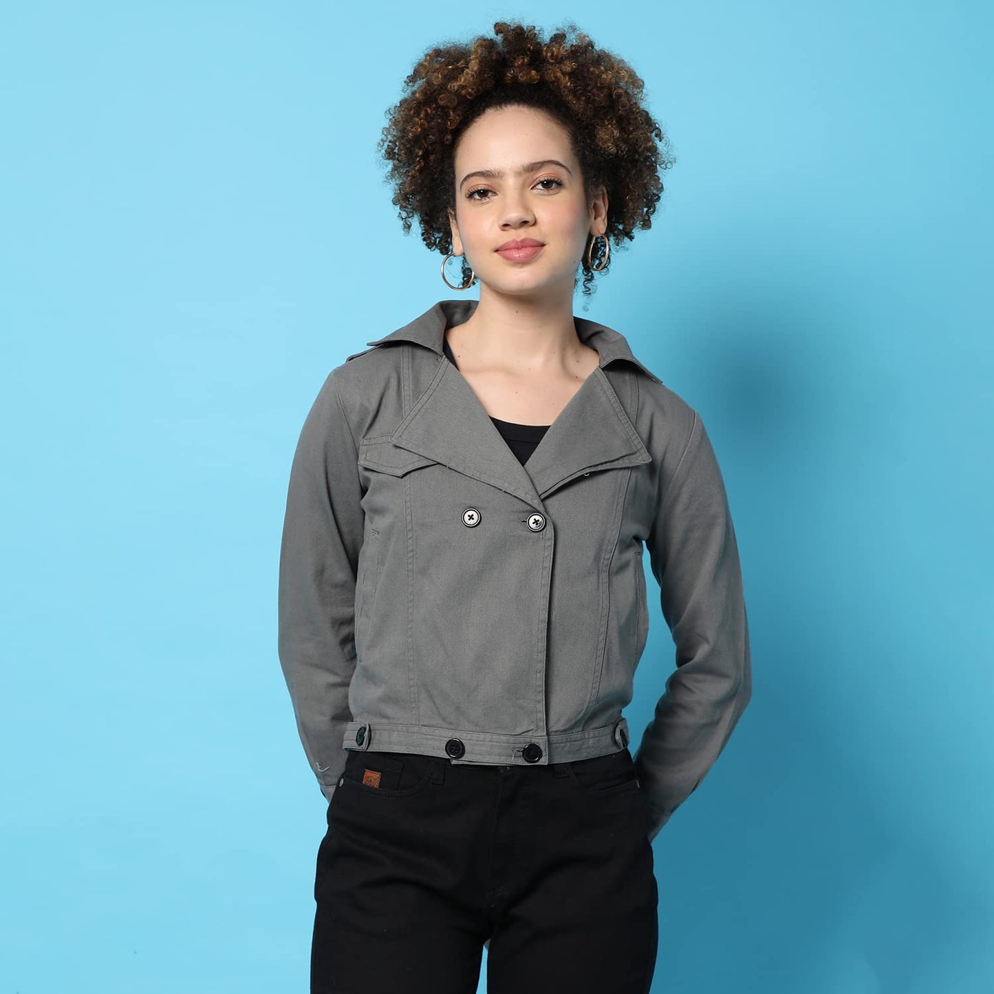 Campus Sutra Womens Grey Dry-Washed Denim Cotton Jacket Regular Fit For Casual Wear, Collared Neck, Double-Breasted, Stylish Cra