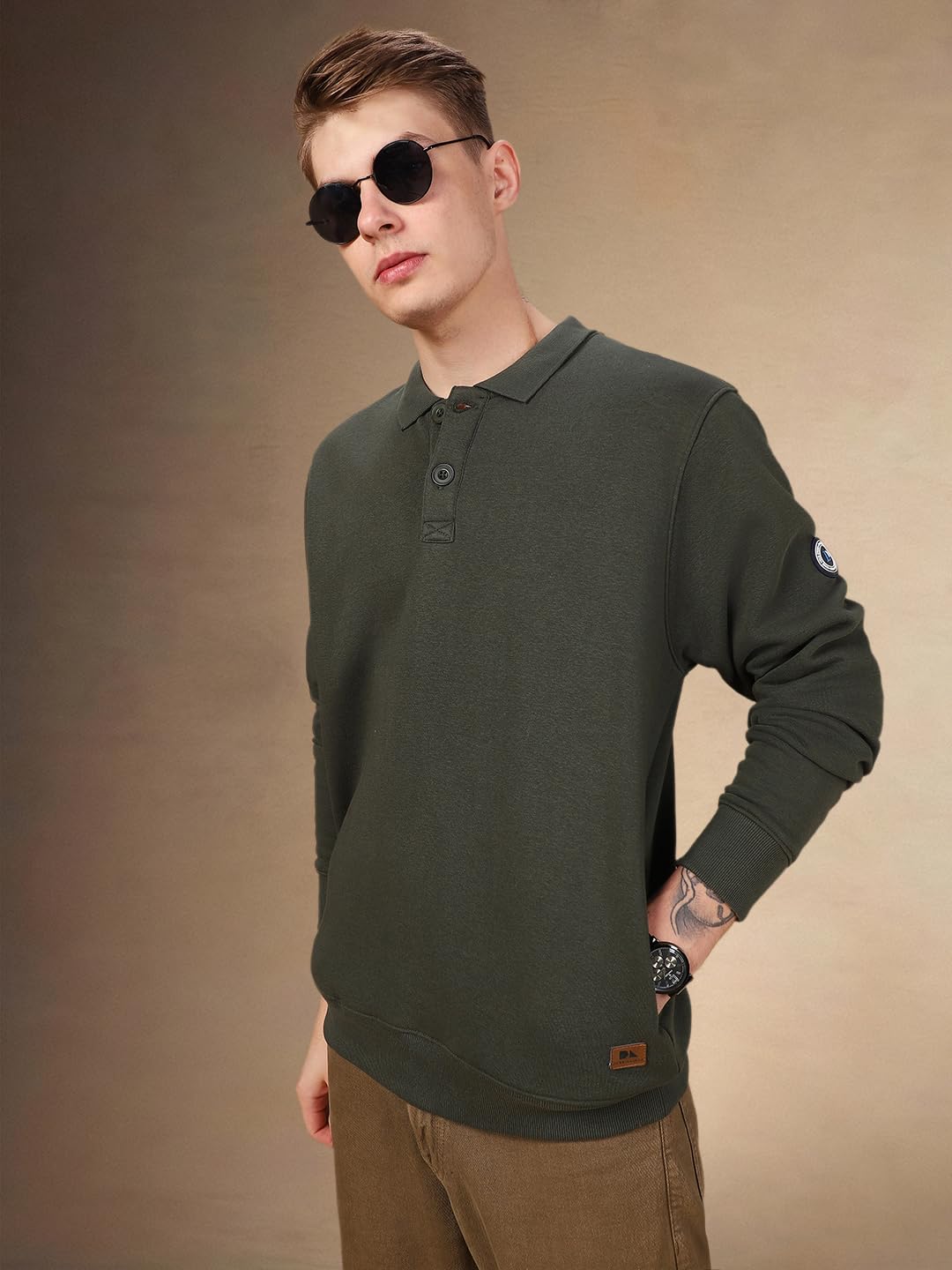 Dennis Lingo Men Solid Poly-Cotton Regular Fit Full Sleeves Pull-Over Sweatshirts Olive