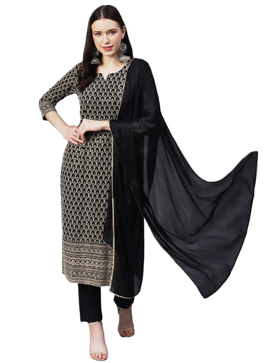 GoSriKi Women's Cotton Blend Embroidered Straight Kurta with Pants & Dupatta (Dumas-27-New)