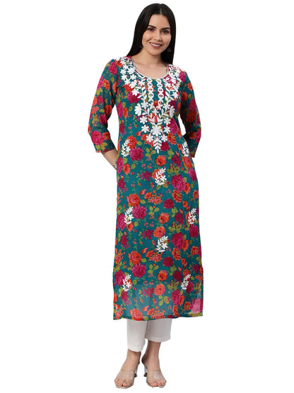 GoSriKi Women's Printed Georgette Straight Chikankari Embroidered Kurta
