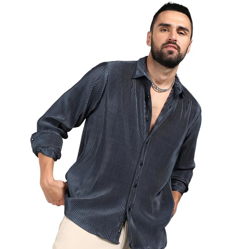 Campus Sutra Mens Navy Blue Pleat-Creased Shirt for Casual Wear | Spread Collar | Long Sleeve | Button Closure | Shirt Crafted