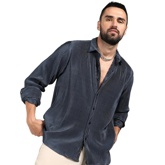 Campus Sutra Mens Navy Blue Pleat-Creased Shirt for Casual Wear | Spread Collar | Long Sleeve | Button Closure | Shirt Crafted