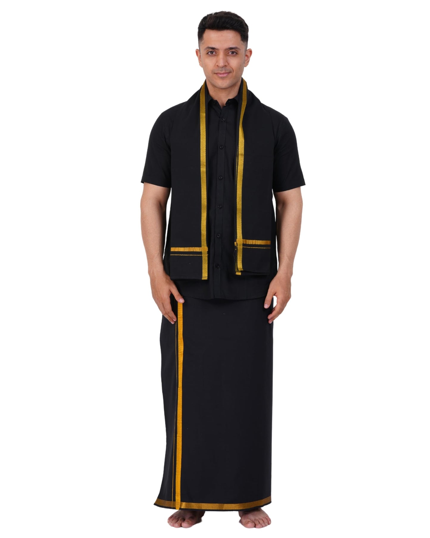 Prakasam Cotton Mens Flexi Readymade Black Jari Border Dhoti + Half Sleeve Black Shirt + Matching Black Jari Border Towel