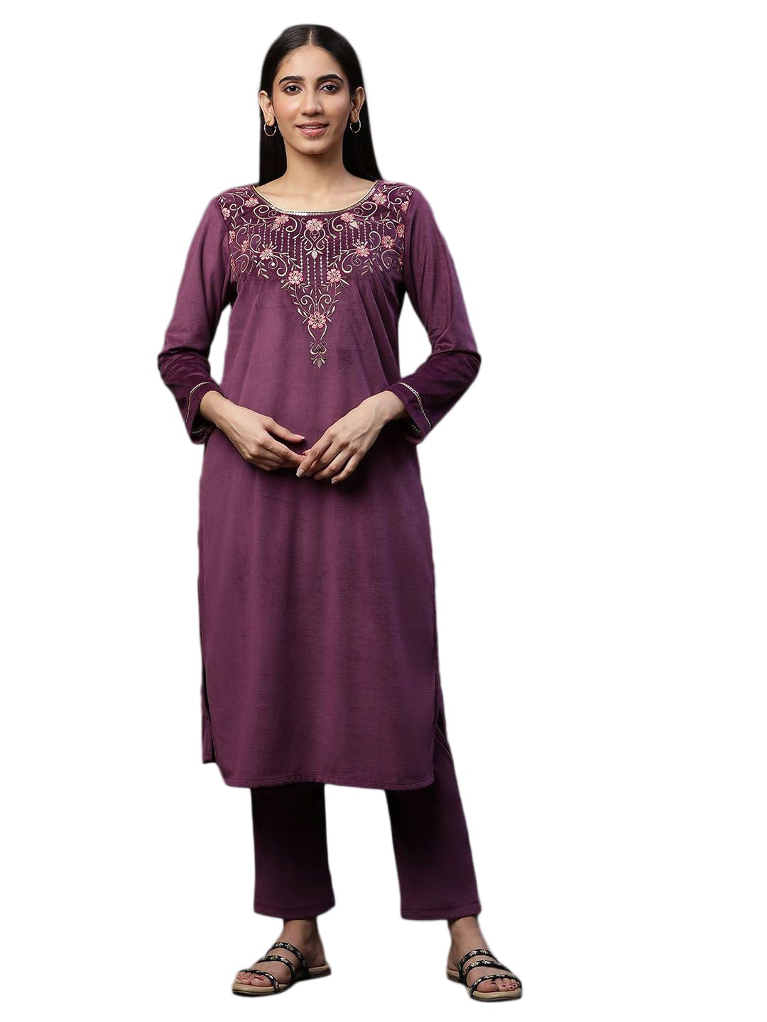 Purple Zari Embroidered Velvet Kurta and Pants Set (Size: S)-24NOAS14743-606728