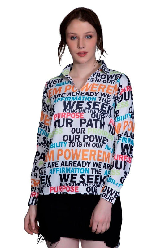 OM SAI LATEST CREATION Girls/Womens Western Top with Collar Neck Typographic Printed & Full Regular Cuff Sleeves||Casual Wear|