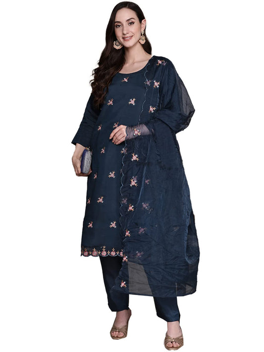 ishin Women's Silk Blend Navy Blue Embroidered Straight Kurta suit set with Trousers & Dupatta