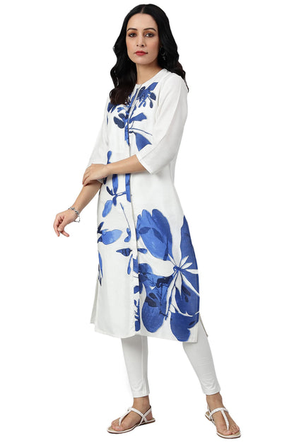 W for Woman Women's Rayon Ecru Placement Regular Kurta with Blue Floral Print