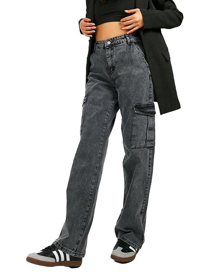 Kotty WomenS Solid High Waist Relaxed Fit Cotton Lycra Blend Cargo Jeans