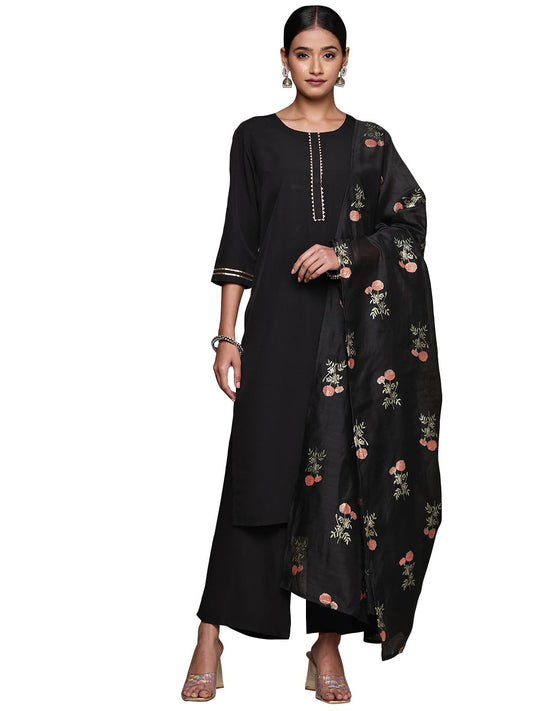 ZIYAA Women's Black Crepe Kurta, Palazzo and Dupatta Set