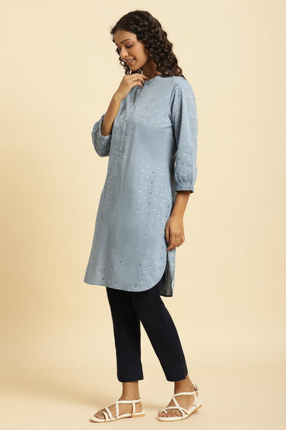 W Blue Cotton Polka Dot Straight Long Kurta For Women