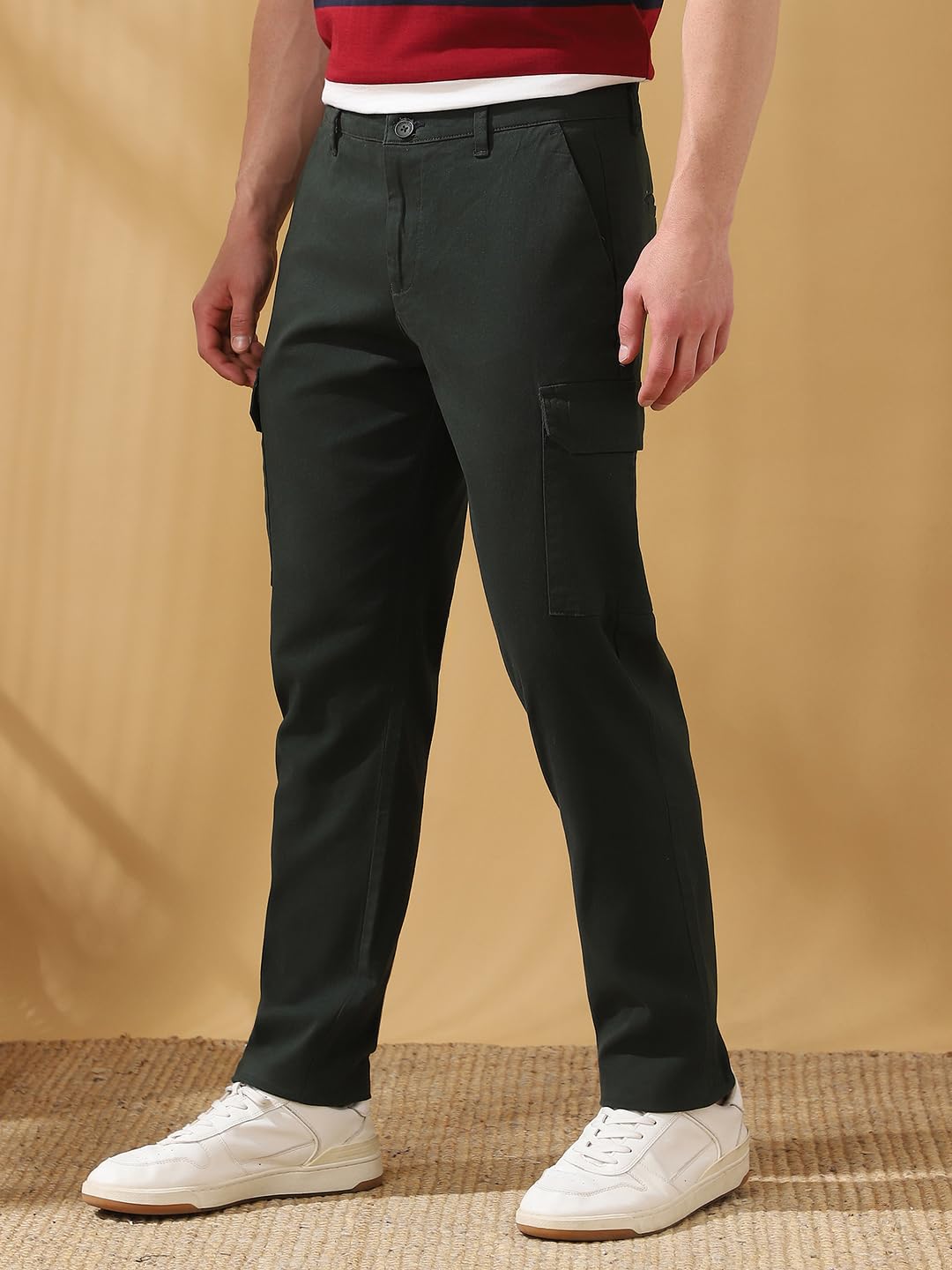 Dennis Lingo Men Olive Green Solid Straight Fit Cargo Trouser