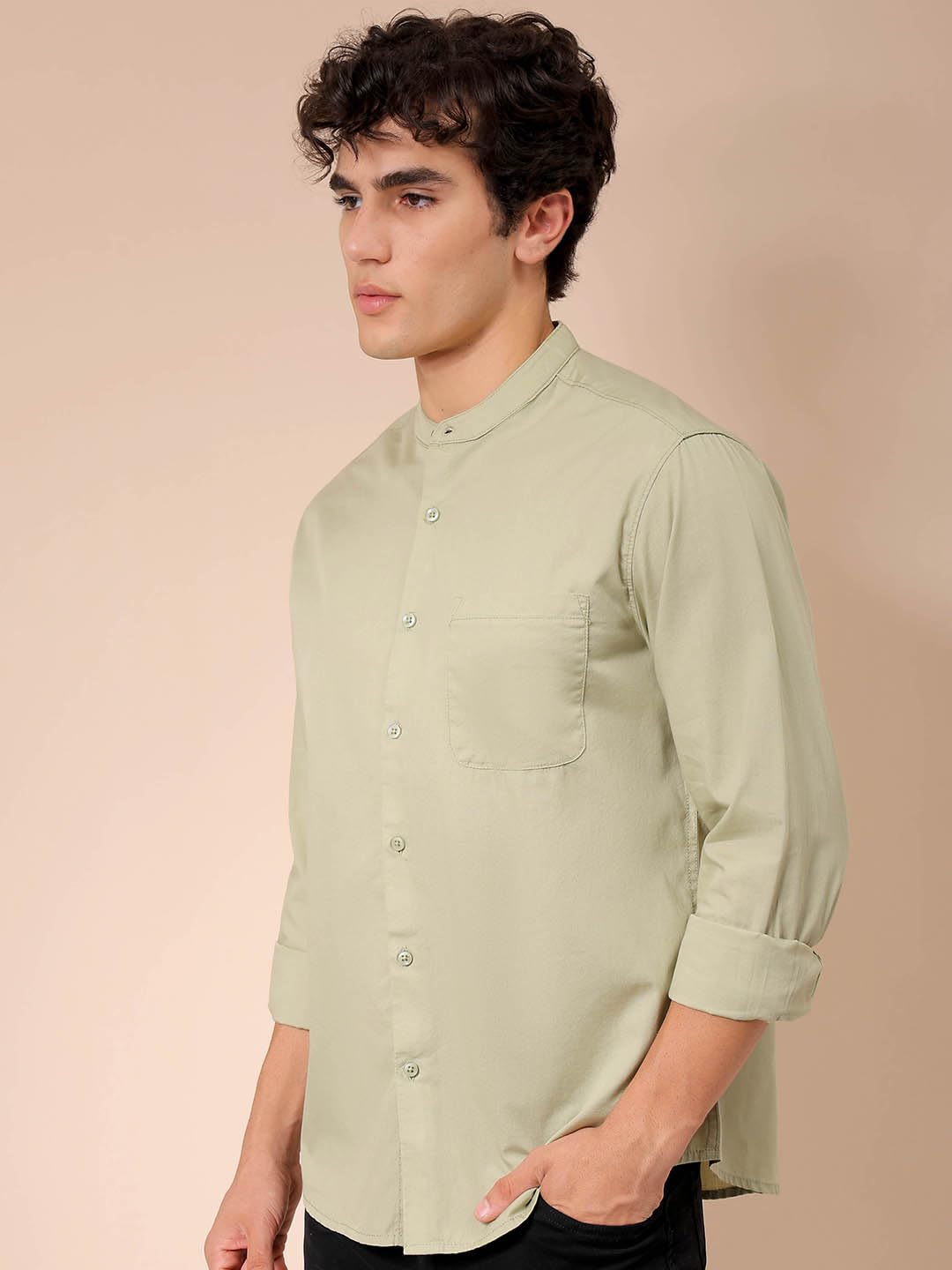 The Indian Garage Co Green Regular Fit Mandarin Collar Solid Long Sleeves Shirt