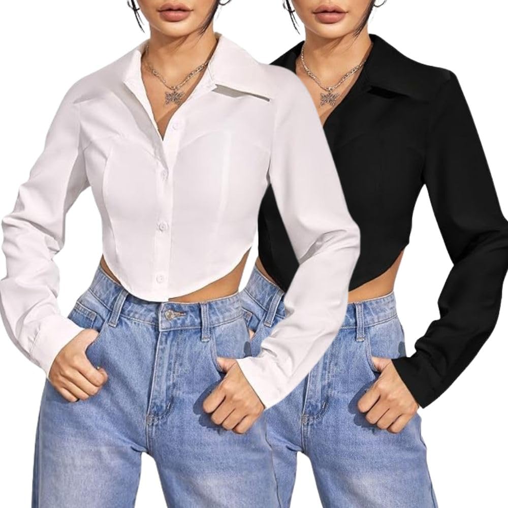 Greciilooks Shirt For Women | Printed Casual Crop Top | Long Sleeve Stylish Collared |Korean Oversized Button-Down |Causal |Form
