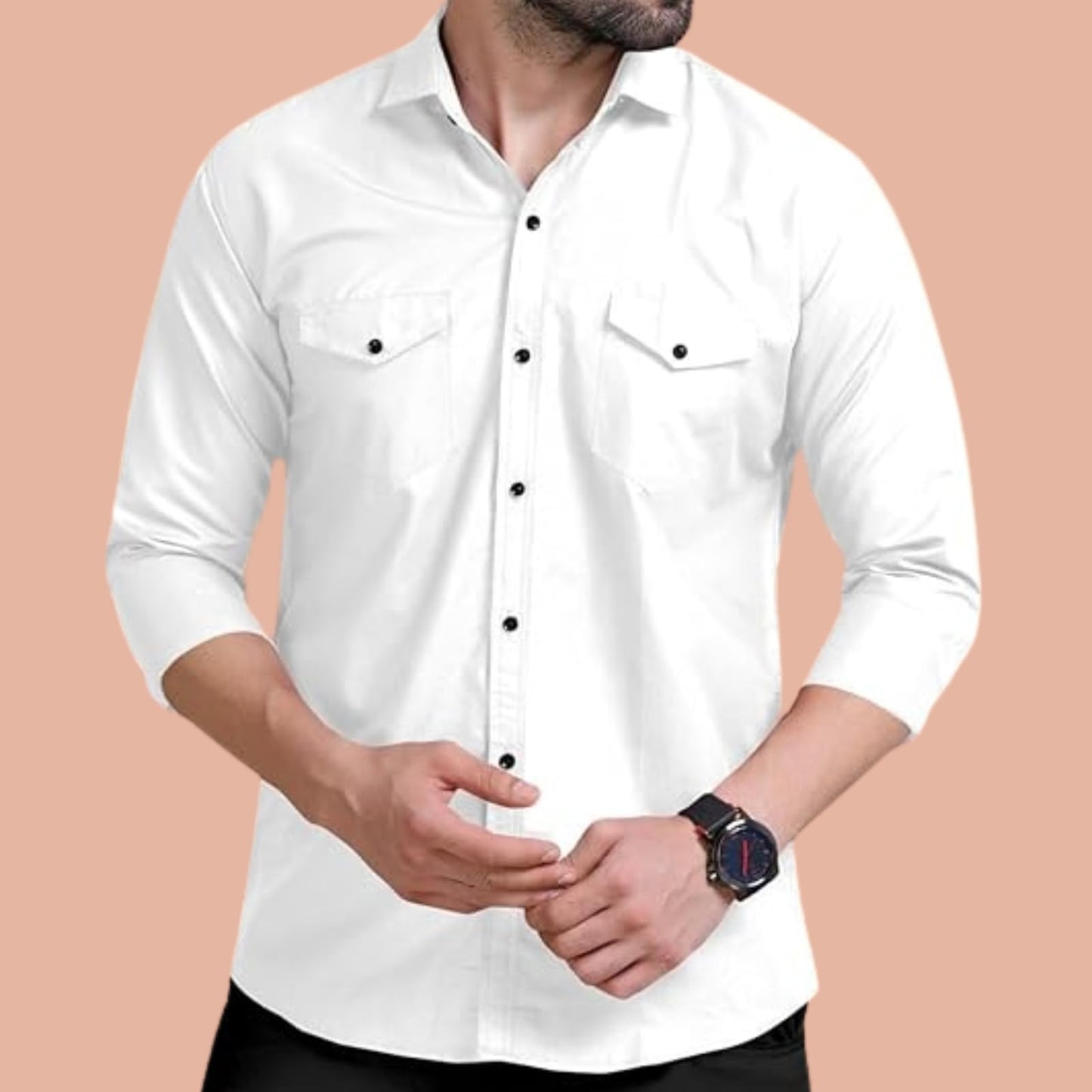 Rebelify MenS Cotton Shirt With Pockets Full Sleeves Collared Neck Solid Pattern Botton Down Closure Regular Fit And Standard L