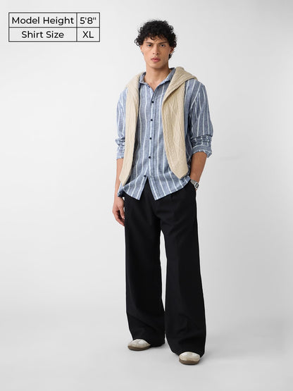 The Souled Store Cotton Linen Stripes: Nautical Men and Boys Long Sleeves Collared Neck Button Front Grey Striped Regular Fit Li