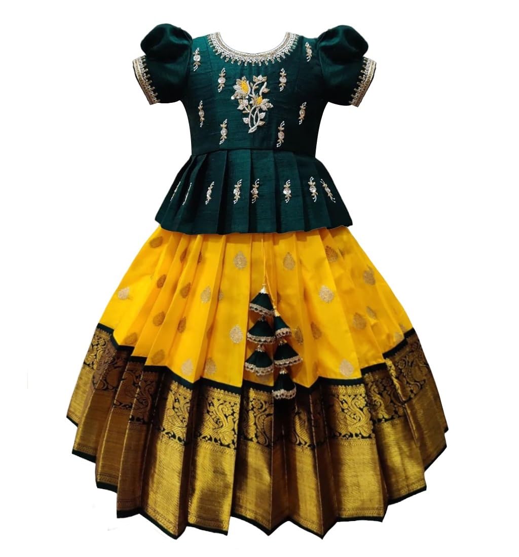 White Button New south Indian traditional pattu pavadai Jecquard Lehenga choli for girls dress (6-7 Years, Green,Yellow)