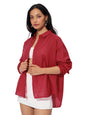 The Souled Store Cotton Linen: Red Women and Girls Long Sleeves Collared Neck Button Front Solid Cotton Linen Boyfriend Shirts