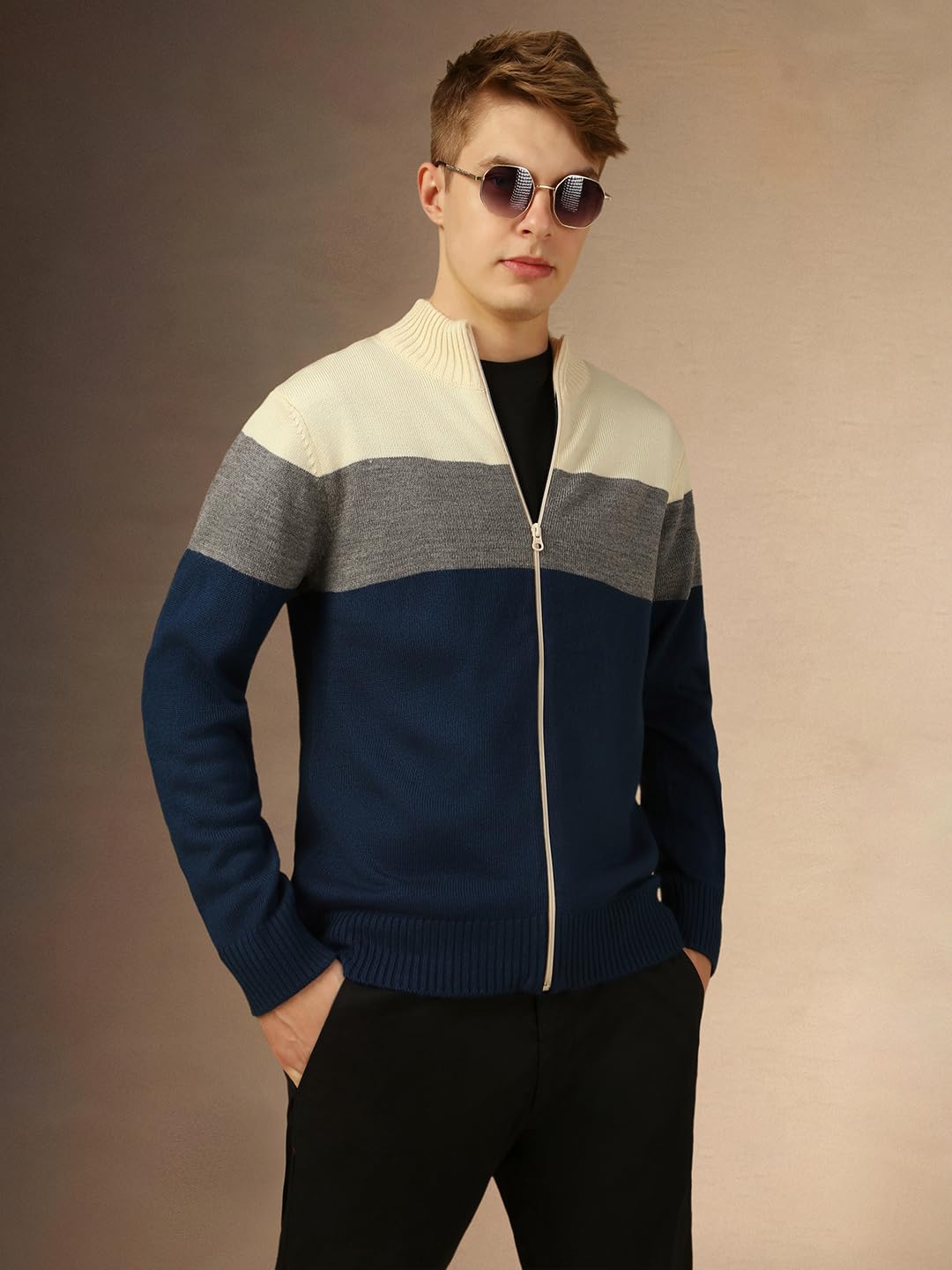 Dennis Lingo Men Multi Colorblock Slim Fit Full Sleeve Mock Collar Pullover Sweater Multicolour