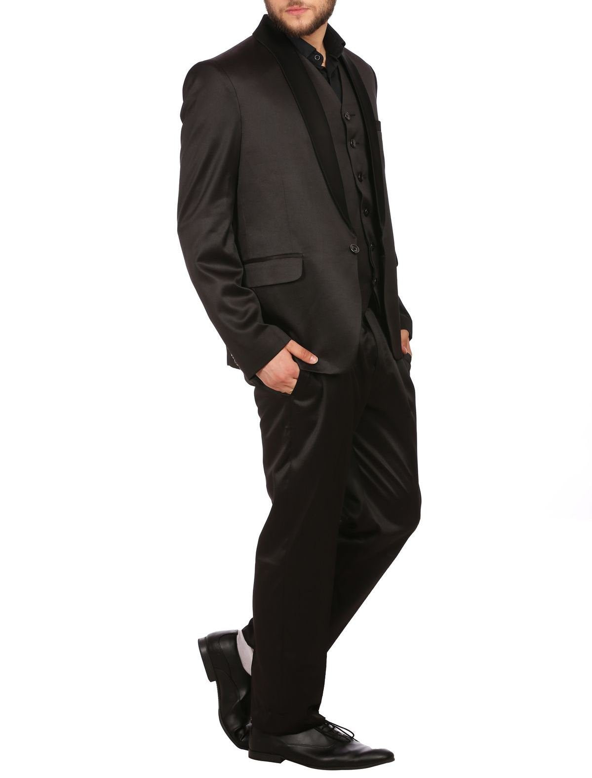 WINTAGE Mens Poly Blend Notched Lapel Black Tuxedo 3Pc Suit