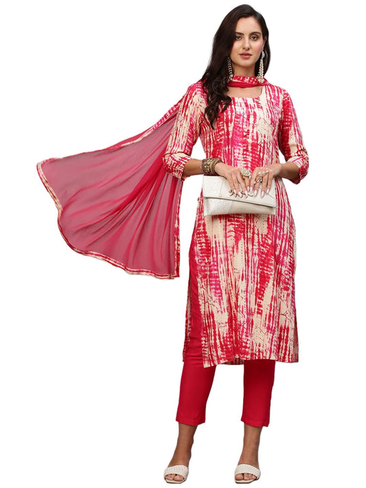 GoSriKi Women's Cotton Blend Printed Straight Kurta with Pant & Dupatta (CHITKABRA-Pink-GS)