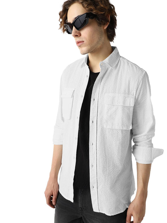 Bewakoof Mens Textured Regular Fit Full Sleeve Collar Cotton Shirt_646393_White_M