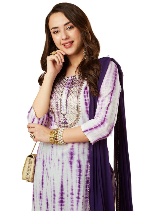 Gosriki Women'S Rayon Viscose Printed Straight Kurta With Pant & Dupatta (Tiedye Begani-Vks01-Gs_5Xl_Violet_Xxxxx-Large)
