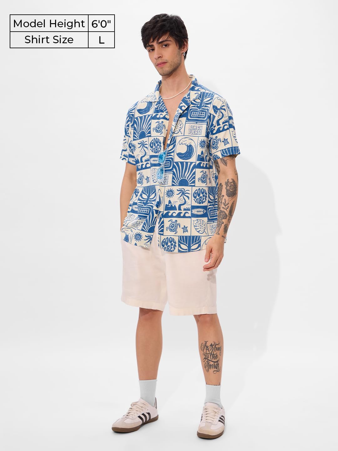 The Souled Store Summer Vibe Men and Boys Short Sleeves Collared Neck Button Front Blue and White All Over Printed Regular Fit C