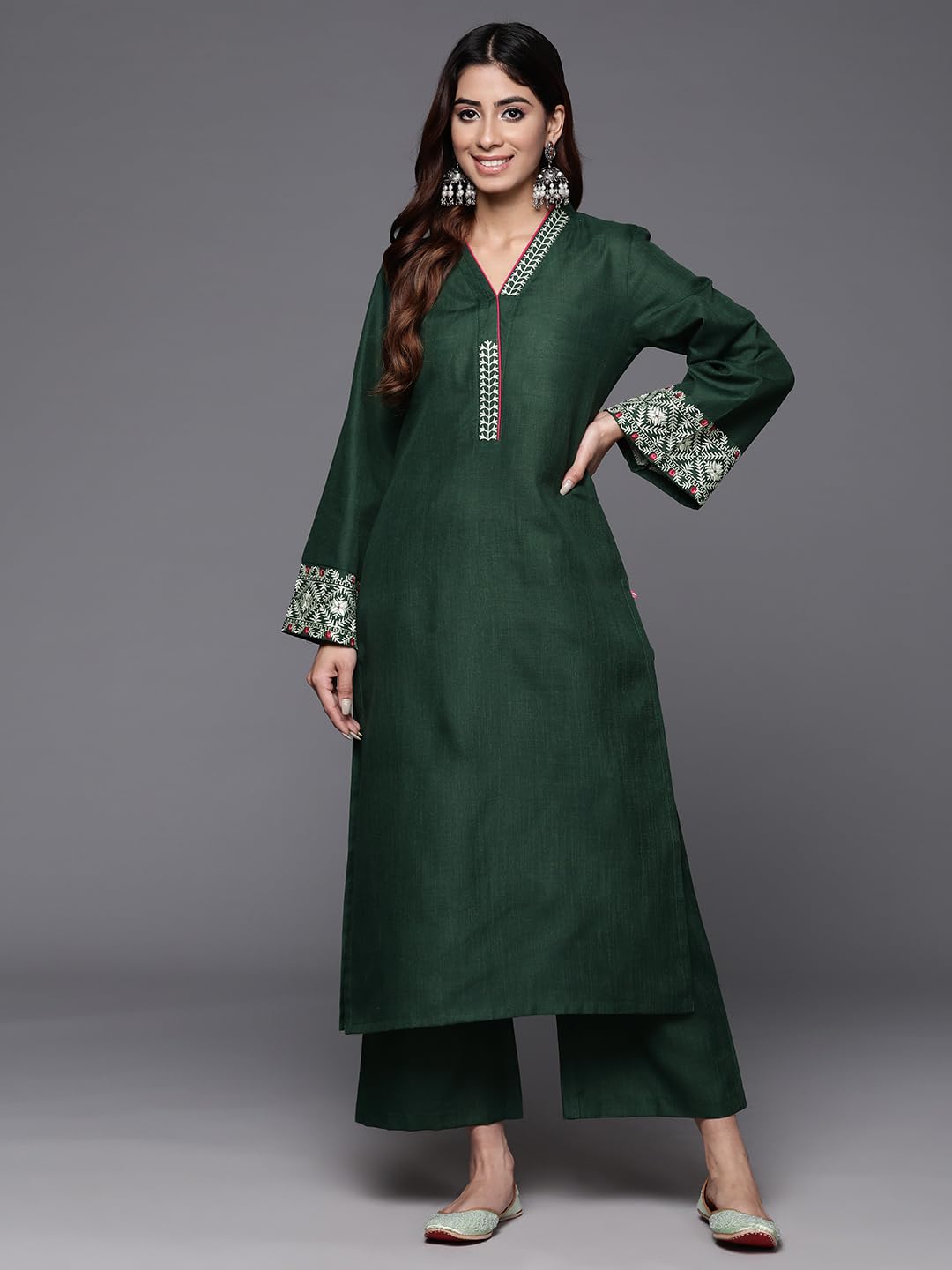 Varanga Women Green Embroidered Kurta With Long & Flared Sleeves, Tonal Bottom, Intricate Embroidery For A Chic & Comfortable Lo