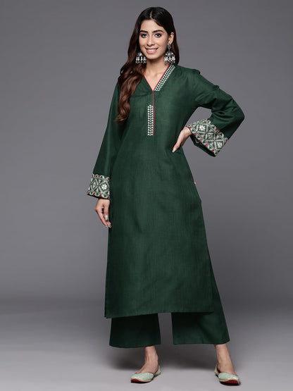 Varanga Women Green Embroidered Kurta With Long & Flared Sleeves, Tonal Bottom, Intricate Embroidery For A Chic & Comfortable Lo
