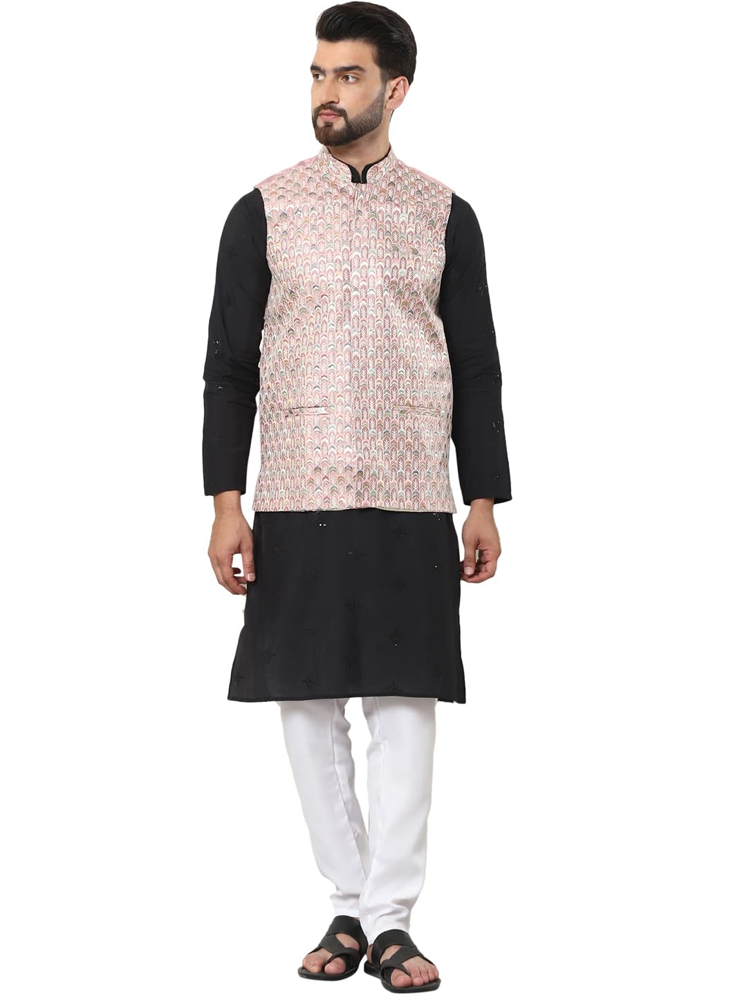 SOJANYA (Since 1958 Men's Cotton Silk Black Kurta and White Pyjama with Designer Peach Nehru Jacket