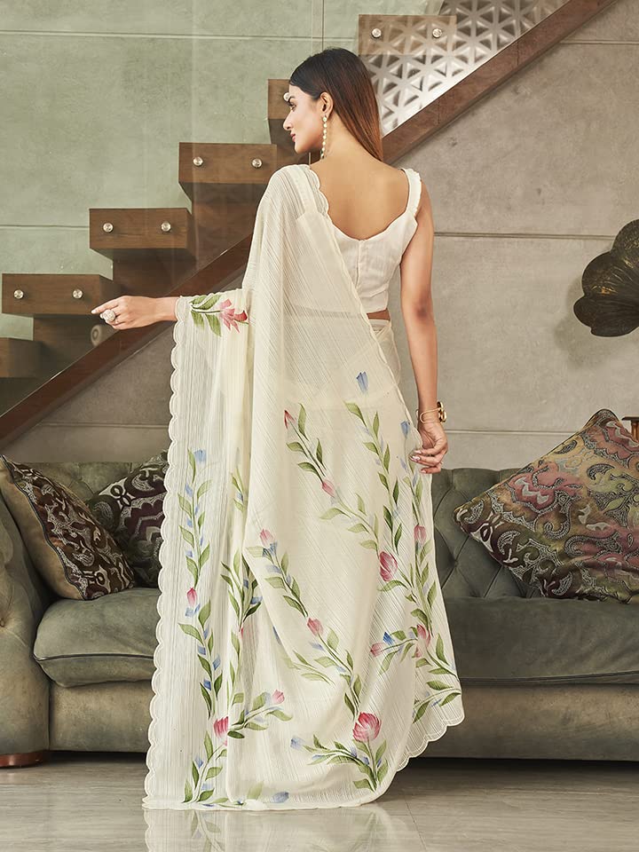 Womanista Womens Satin Hand Print Saree for Women | Fancy Floral Print Striped Saree (TI3313_Cream)