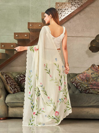 Womanista Womens Satin Hand Print Saree for Women | Fancy Floral Print Striped Saree (TI3313_Cream)