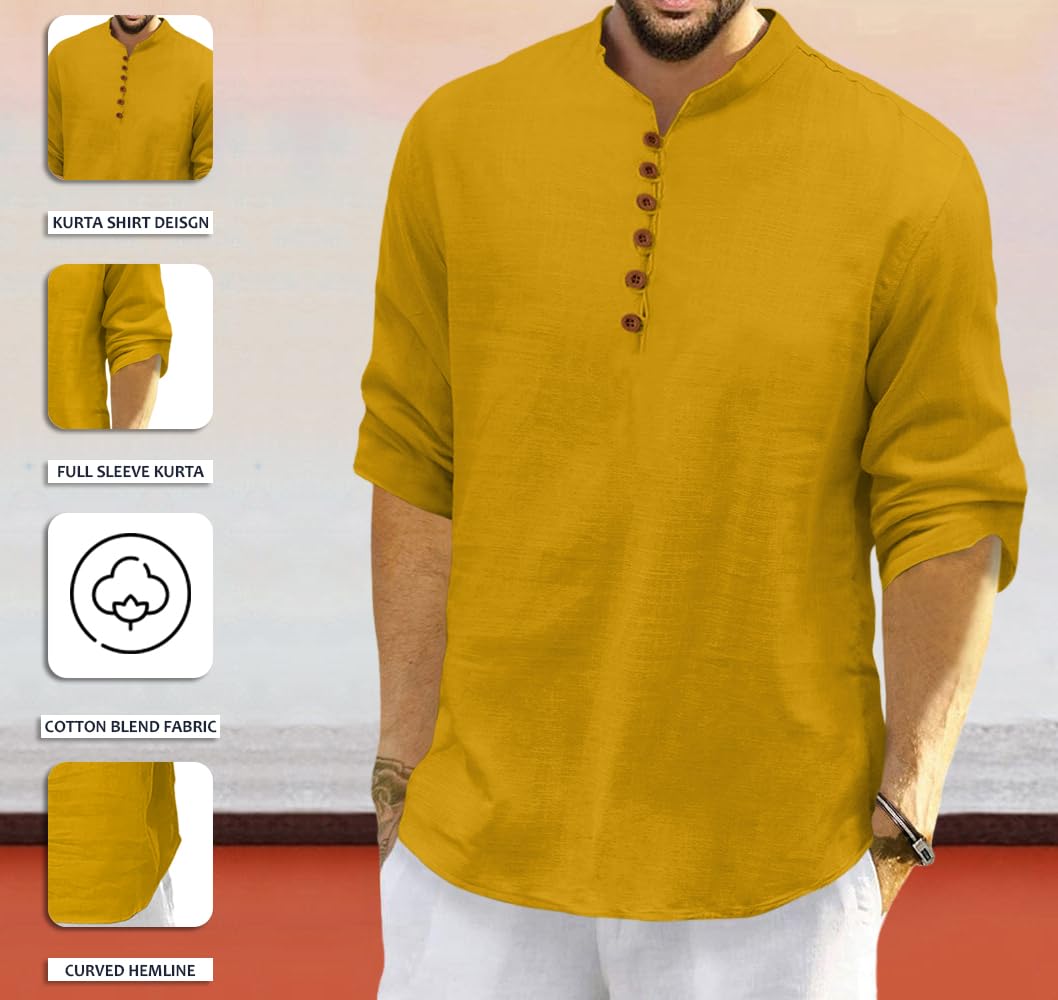Finivo Fashion MenS Solid Cotton Blend Regular Fit Straight Kurta, Pack Of 1 Gold