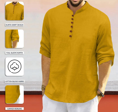 Finivo Fashion MenS Solid Cotton Blend Regular Fit Straight Kurta, Pack Of 1 Gold