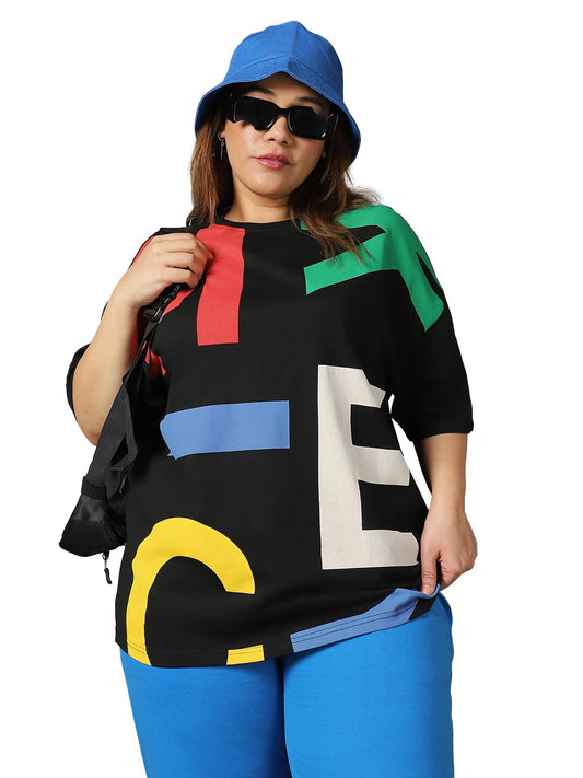 Bewakoof WomenS All Over Printed Oversized Plus Size T-Shirt_582014_Black_6Xl