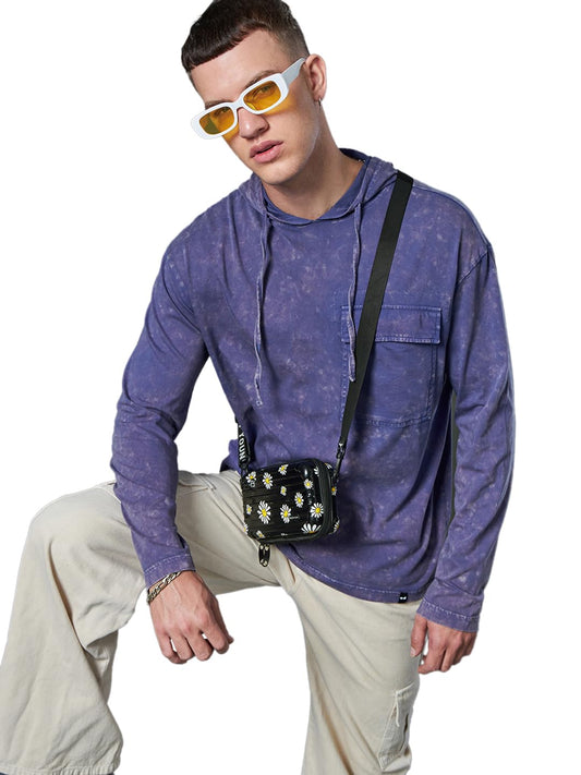 Bewakoof Mens Self Design Oversized Fit Full Sleeve Cotton Acid Wash Hoodie T-Shirt_617085_Blue_S