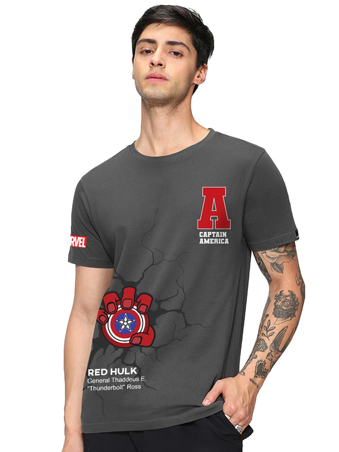 Bewakoof Official Marvel Merchandise Captain America Mens Graphic Printed Regular Fit Half Sleeve Round Neck Cotton Jersey T-Sh