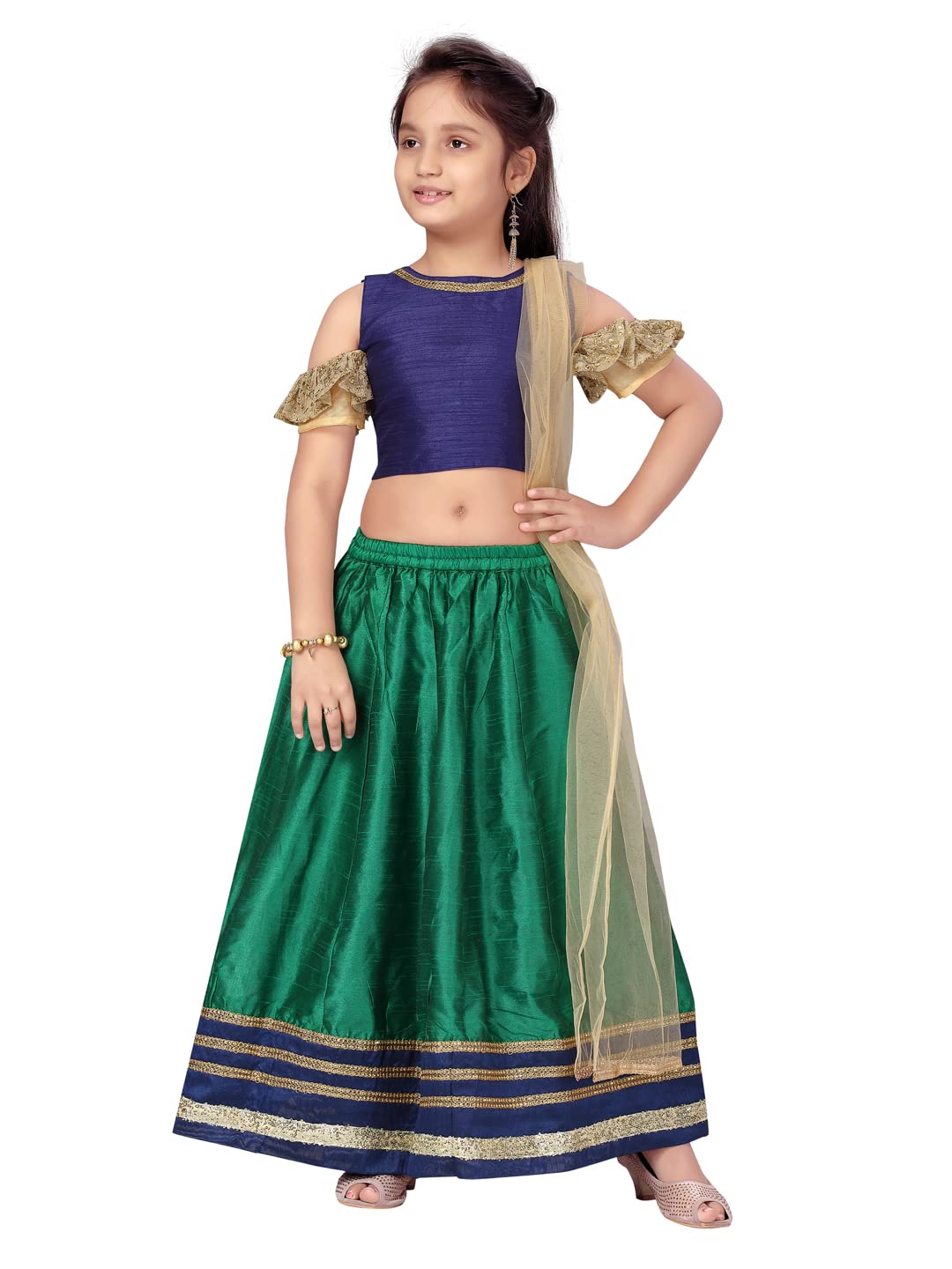 Aarika Girl's Silk Lehenga Choli Set (LCH-22115_Navy Blue-Dark Green_6-7 Years)