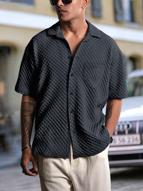Pinkmint Bubble Textured Shirt for Men ll Half Sleeve Stylish Button Down Shirts ll Mens Pocket Shirt (Pack of 1) Grey