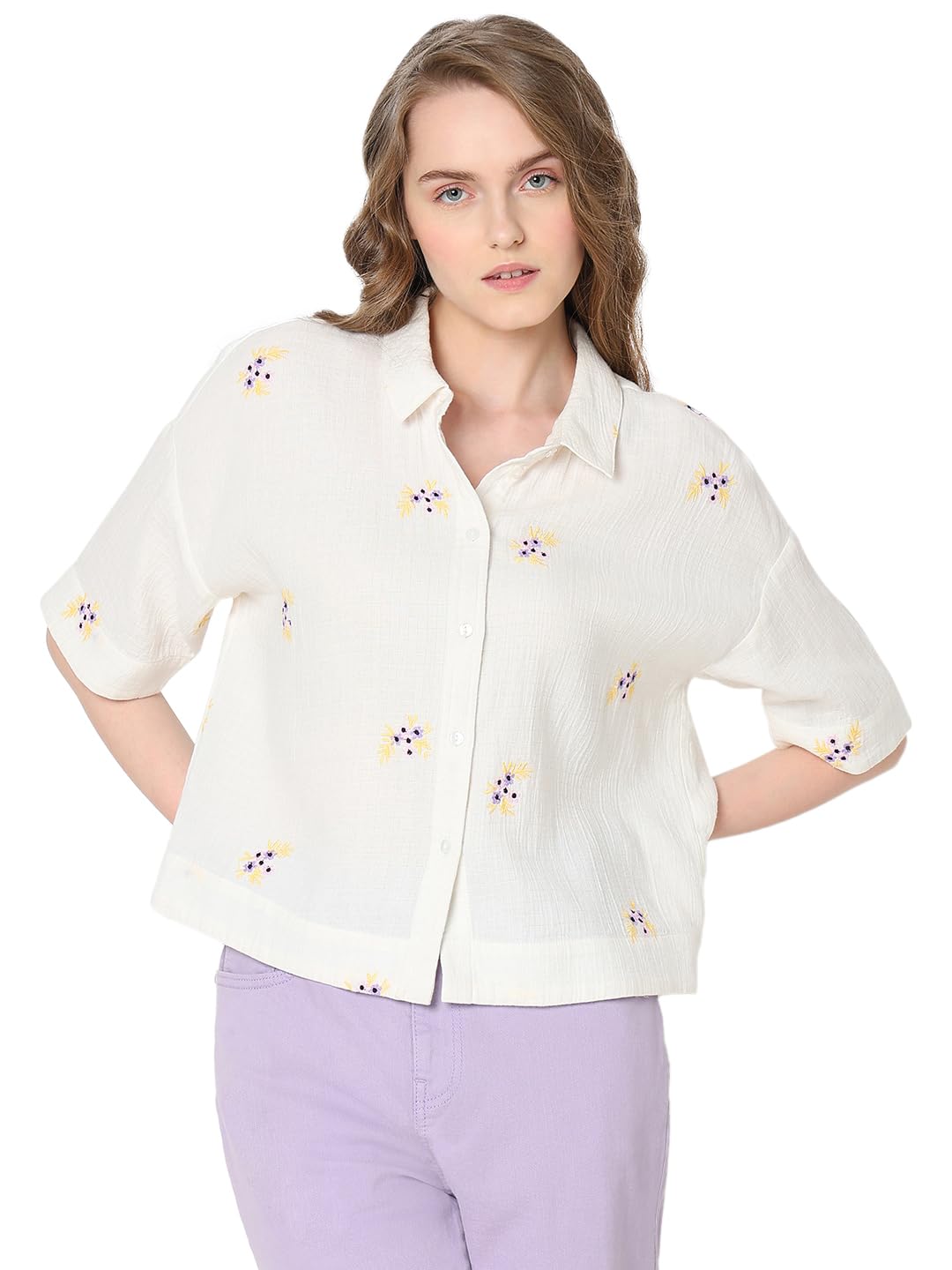 Vero Moda Women Embroidered White Cotton Relaxed Fit Shirt