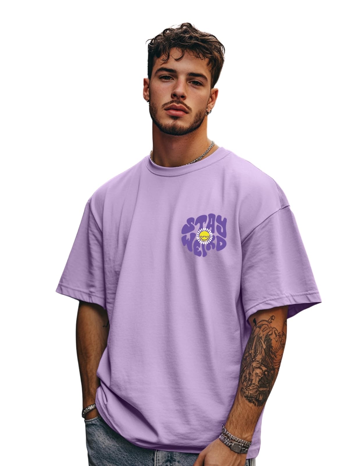 Veirdo Mens Oversize Loose Baggy Fit Drop Shoulder and Stay Weird Pocket Print Design Short Sleeve T-Shirt F