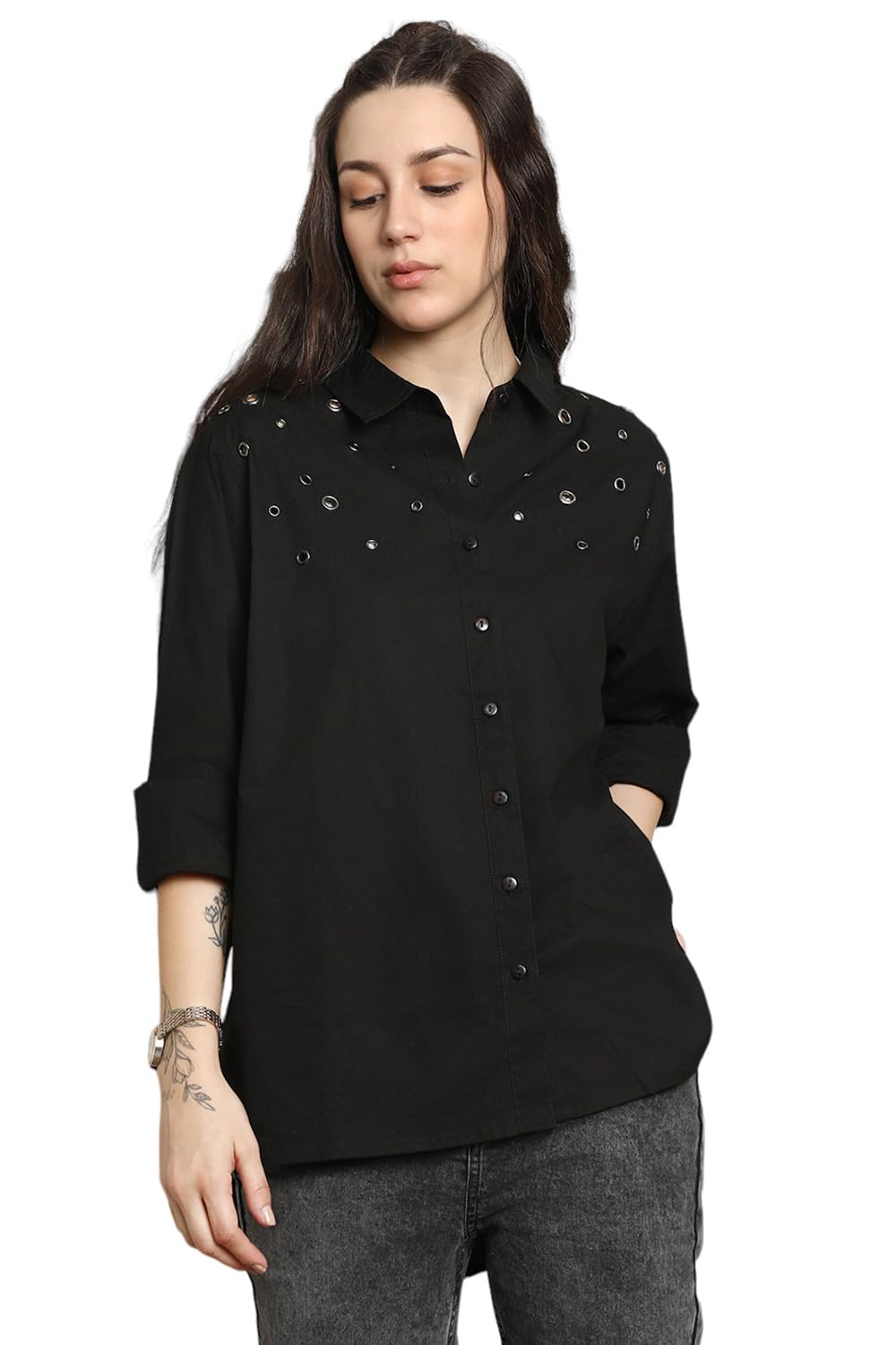 High Star Classic Spread Collar Oversized Cotton Casual Shirt Black